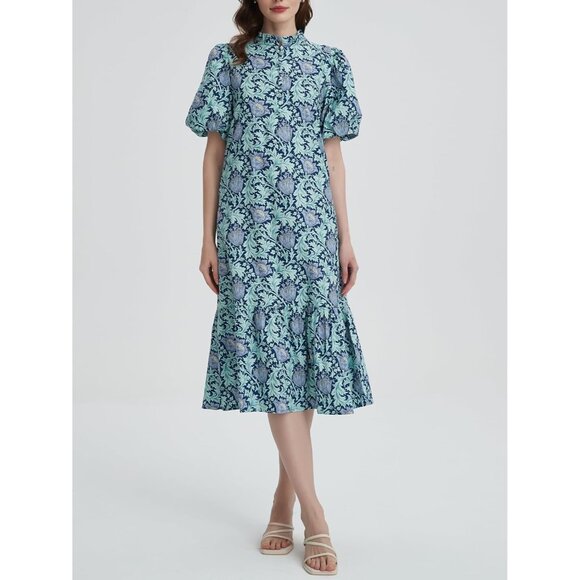 Summer Floral Cotton Midi Dress Women Puff Sleeve Button Pockets Boho - Picture 4 of 6